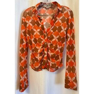 Shes So Fresh Size M Y2K Sheer Mesh Button Down Top Retro Hippie Festival Orange